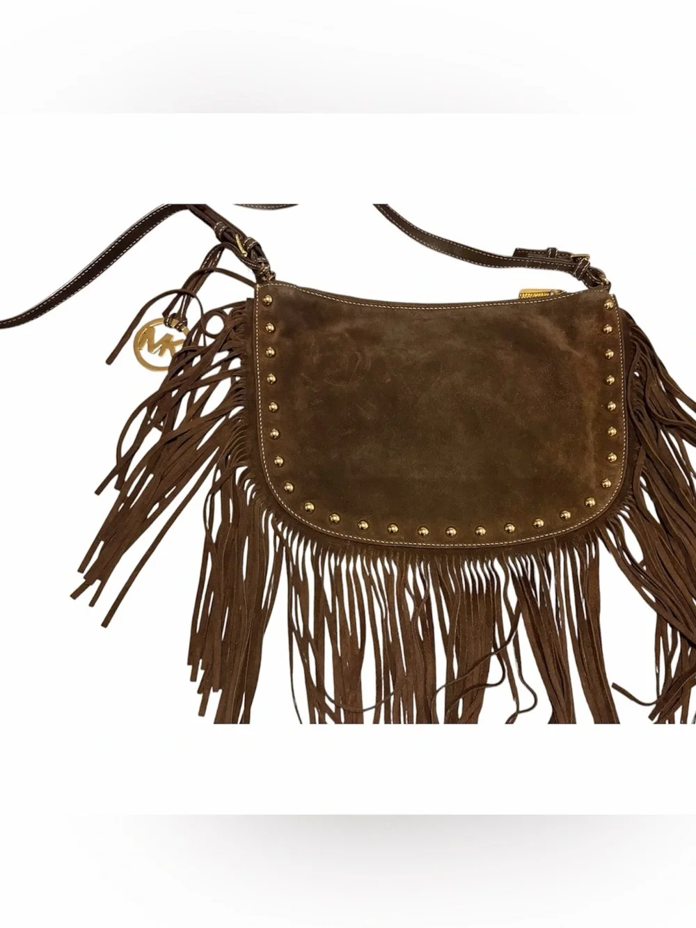 Michael Kors Brown Suede Fringe Crossbody with Gold MK Charm